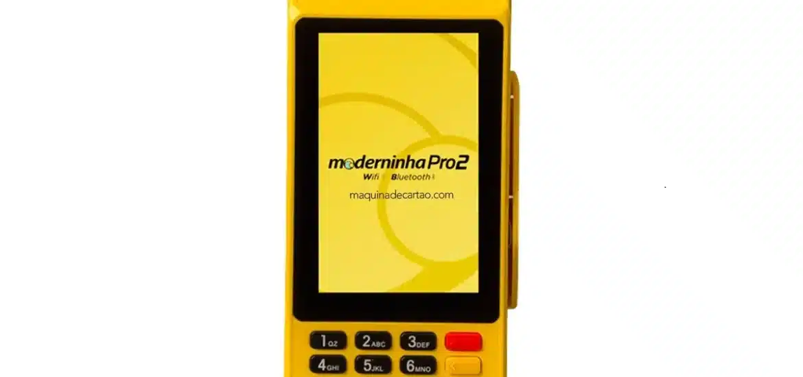 Máquina de cartão Moderninha Pro 2 em amarelo, destacando conectividade Wi-Fi e Bluetooth, ideal para negócios modernos