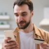 Homem segurando um smartphone e um cartão de crédito, realizando uma transação em um ambiente interno.