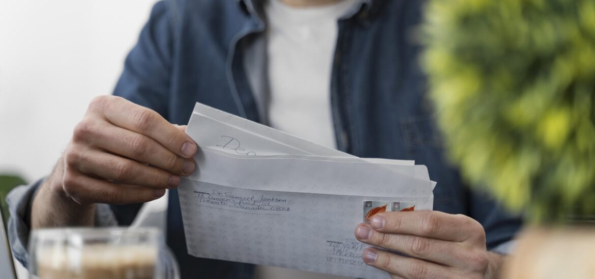 Homem segurando e abrindo envelopes, simbolizando organização de correspondências e possíveis pagamentos