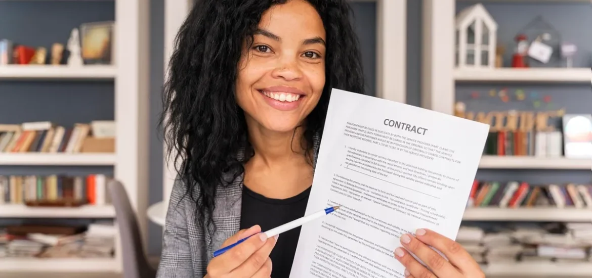 Mulher segurando um contrato e apontando com uma caneta, representando formalização e acordos legais.