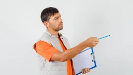 Inspetor segurando uma prancheta e um lápis azul, avaliando algo à sua frente, representando uma inspeção ou fiscalização para liberação de um alvará de funcionamento.